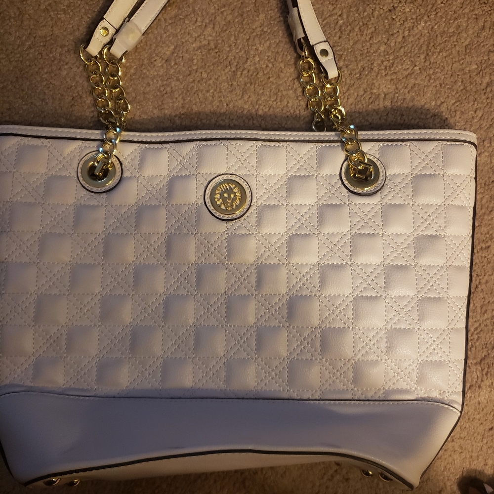 Anne Klein Quilted White Tote with Gold Chain Handles - Picture 2 of 6